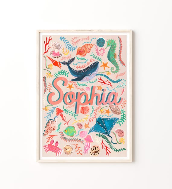 Pink Name Print, Ocean Nursery Art, Framed Under the Sea Decor
