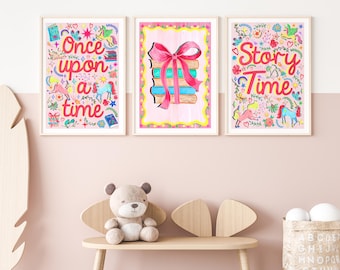 Pink Story Book Nursery Print Set – Unicorns, Books & Bows