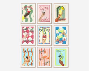 Cocktail Gallery Wall Prints | Colourful Cocktail Wall Art Set | Kitchen Bar Decor | Hand Painted Cocktail Print Collection