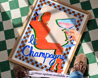 Le Champagne Print | Retro Cocktail Bar Wall Art, Colourful Decor