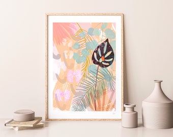 May include: A framed print of a botanical illustration featuring a pink, orange, and green color scheme. The print features a large, dark leaf with a yellow center and a variety of other leaves and flowers.