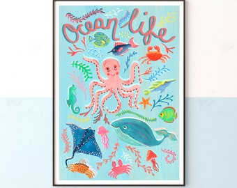 Ocean Life Print | Sea Creatures Nursery Wall Art | Educational Ocean Animals Poster