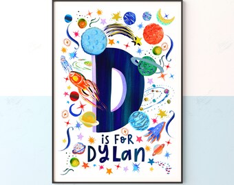 Personalized Space Letter Print: Kids Room Decor