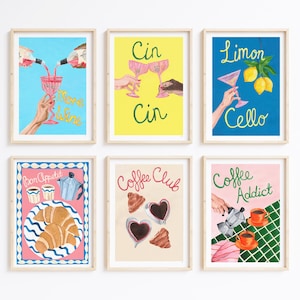 Kitchen Drinks Wall Art Set of 6 – Coffee & Cocktail Prints – Beverage Illustration Decor