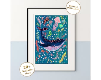 Afdrukbaar kinderdecor, walvis Art Print, afdrukbaar kinderdecor