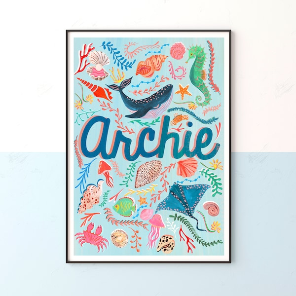 Nursery Name Print, Ocean Nursery Art, Framed Under the Sea Decor