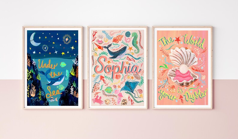 Pink Name Print, Ocean Nursery Art, Framed Under the Sea Decor image 14
