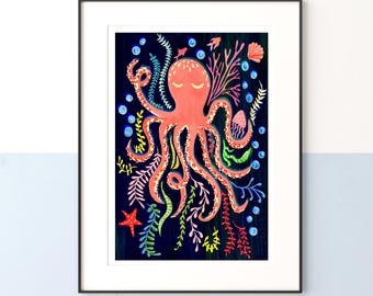 Octopus Ocean Art Print | Octopus Nursery Wall Art | Ocean Nursery Decor