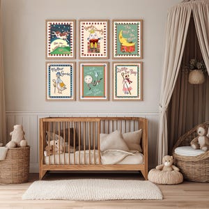 May include: A nursery scene featuring six framed vintage-style nursery rhyme prints. The prints depict classic characters like Humpty Dumpty and Little Bo-Peep. A wooden crib, wicker chair, and teddy bears complete the cozy, neutral-toned room.