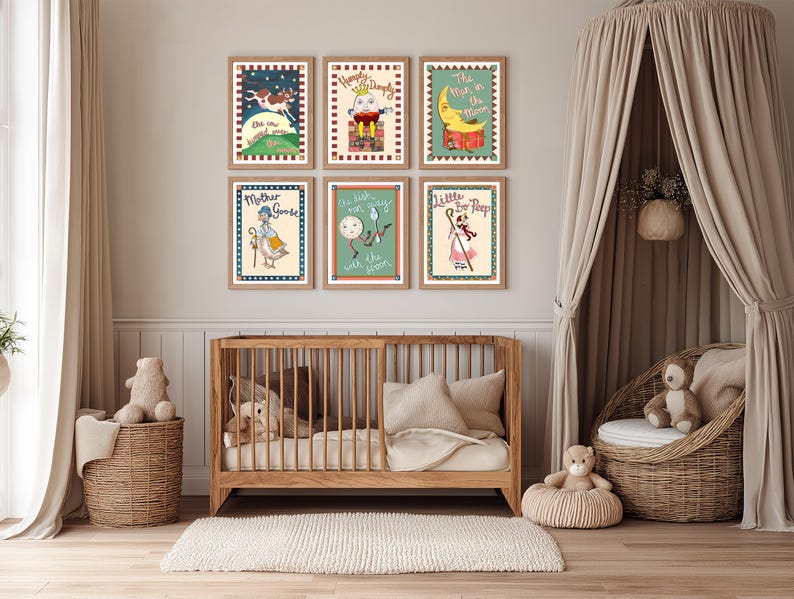 May include: A nursery scene featuring six framed vintage-style nursery rhyme prints. The prints depict classic characters like Humpty Dumpty and Little Bo-Peep. A wooden crib, wicker chair, and teddy bears complete the cozy, neutral-toned room.
