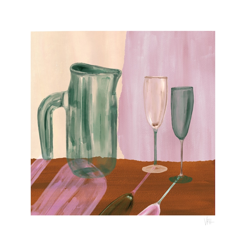 Kitchen Still Life Wall Art Dark Green Lavender and Rust Still Life Watercolour Wine Glasses Still Life Watercolour Giclee Art Print