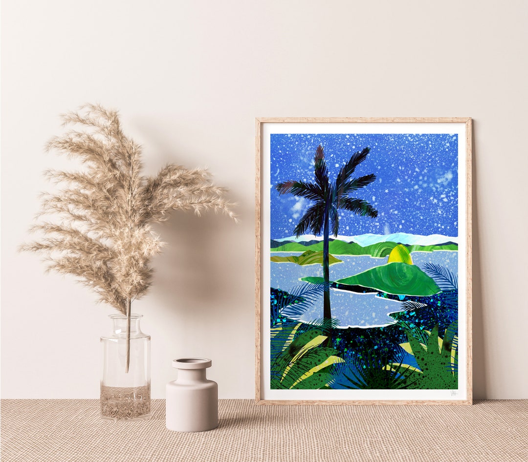 Blue Landscape Art, Tropical Night Landscape Art, Colourful Landscape
