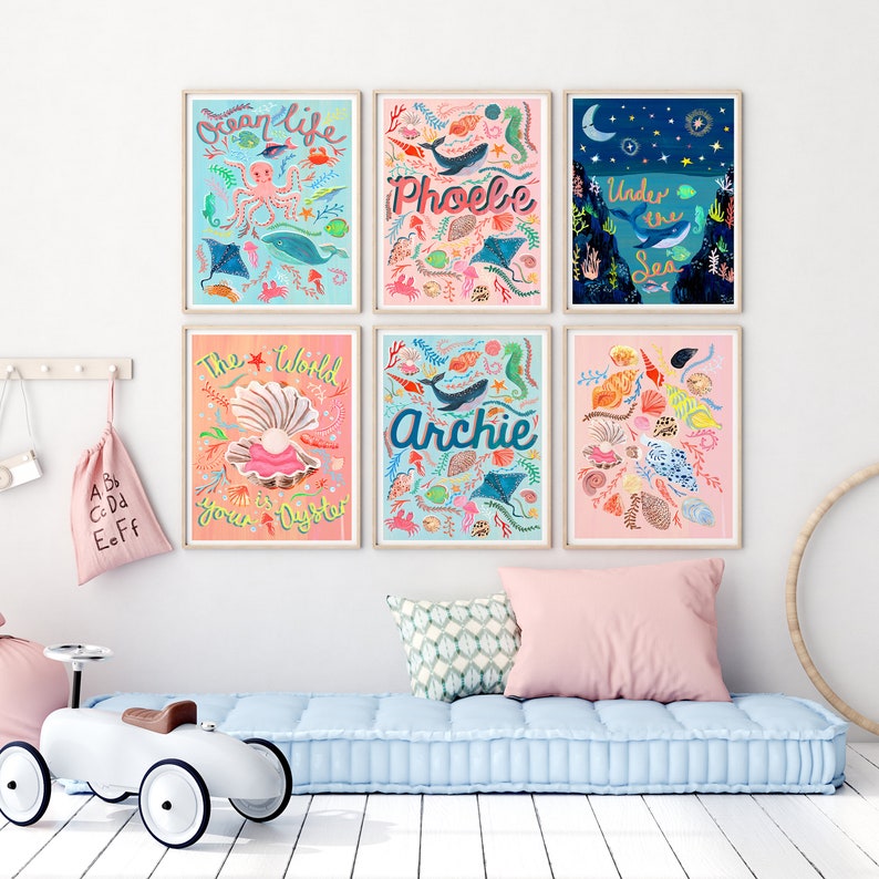 Pink Name Print, Ocean Nursery Art, Framed Under the Sea Decor image 12