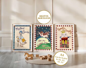 Nursery Rhyme Wall Art | Mother Goose, Cow Jumped Over Moon, Humpty Dumpty (Digital Download)