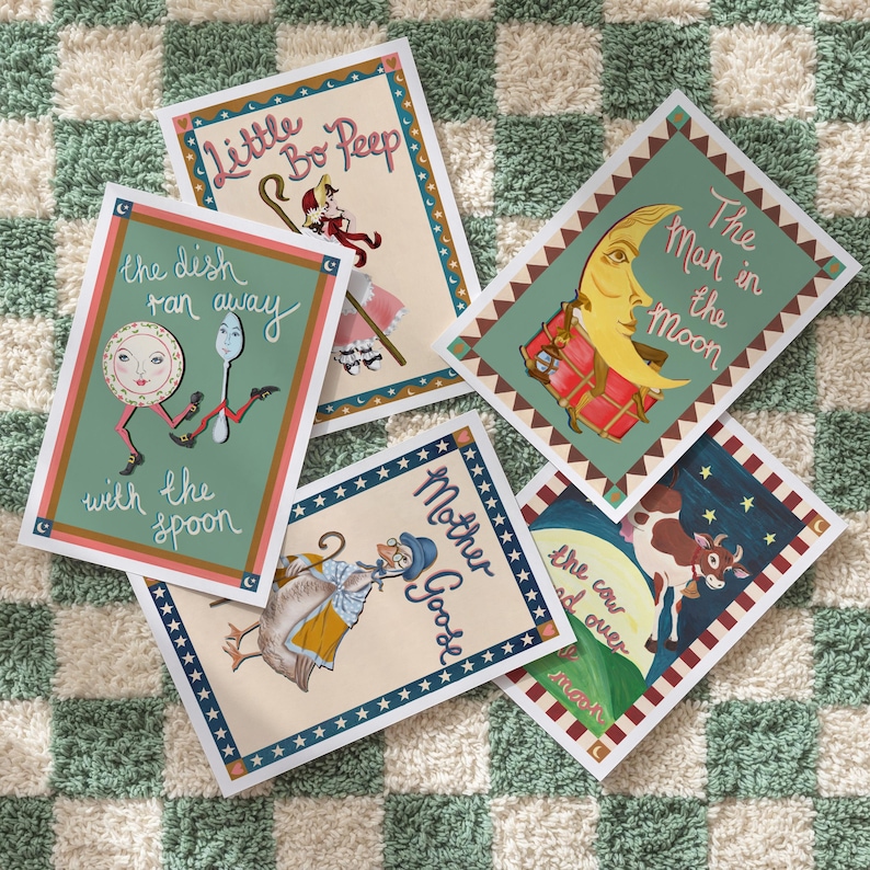 May include: A collection of five illustrated nursery rhyme art prints. Each print features a different scene, including "Little Bo Peep," "The Dish Ran Away with the Spoon," and "The Man in the Moon." The prints have a vintage aesthetic with colorful illustrations.