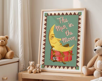 The Man in the Moon Nursery Print – Dreamy Storybook Wall Art, Vintage Nursery Rhyme Illustration