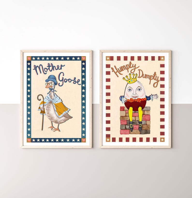 May include: Two framed nursery art prints featuring classic nursery rhyme characters. One print shows Mother Goose with a cane, wearing a hat and cape. The other print depicts Humpty Dumpty wearing a crown, sitting on a brick wall.