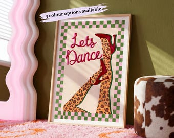 Lets Dance Music Poster | Retro Typography Wall Art | Leopard Print Heels Print
