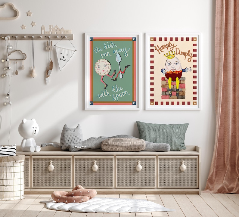 May include: Two framed nursery art prints. One features a plate and spoon with the text "the dish ran away with the spoon." The other print shows Humpty Dumpty sitting on a wall.
