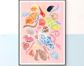 Pink Sea Shells Print | Coastal Wall Art | Beach Bathroom Decor