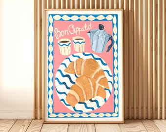 Coffee and Croissant Print, Bon Appetit Breakfast Print, Colourful Kitchen Art