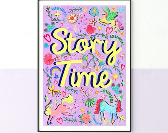 Purple Story Time Print – Unicorn, Books & Stars Nursery Wall Art