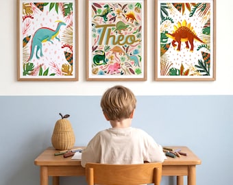 Personalized Dinosaur Nursery Print Set | Custom Baby Name Wall Art | Jurassic Gallery Wall