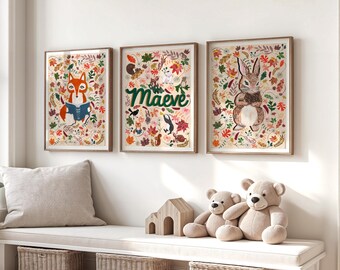 Woodland Nursery Print Set | Forest Animal Wall Art | Baby Name Gift