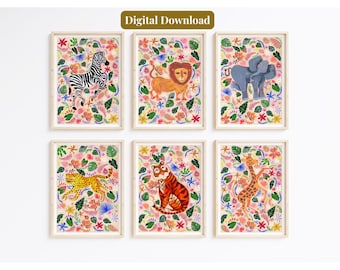 Safari Animal Nursery Prints | Peach Floral Decor (Digital Download A4/A3 Set of 6)