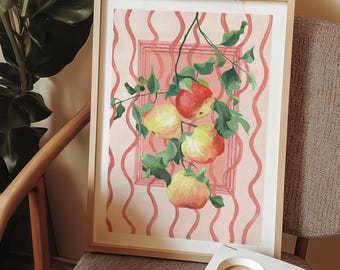 Könnte beinhalten: Ein gerahmter Kunstdruck mit einem Gemälde von vier Äpfeln, die an einem Zweig mit grünen Blättern hängen. Der Hintergrund besteht aus einer hellrosa Fläche mit vertikalen, wellenförmigen roten Linien und einem rechteckigen rosa Rahmen.
