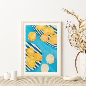 Lemons on Striped Plates Print, Citrus Lemons Wall Art, Blue and Yellow Kitchen Art