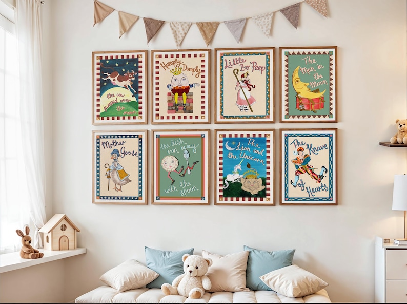 May include: Nine framed nursery rhyme prints, including "The Cow Jumped Over the Moon" and "Humpty Dumpty," are displayed on a white wall. The prints have colorful illustrations and text, with a wooden frame. A cozy reading nook is in the foreground.
