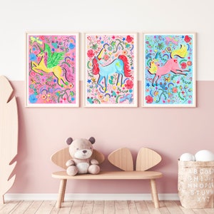 Unicorn Nursery Art Prints: Rainbow Floral Wall Decor, Set of 3