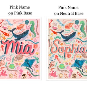 May include: Two rectangular art prints featuring an underwater theme with a whale, stingray, crab, jellyfish, and various seashells. The left print has a pink background with the name Mia, and the right print has a neutral background with the name Sophia.