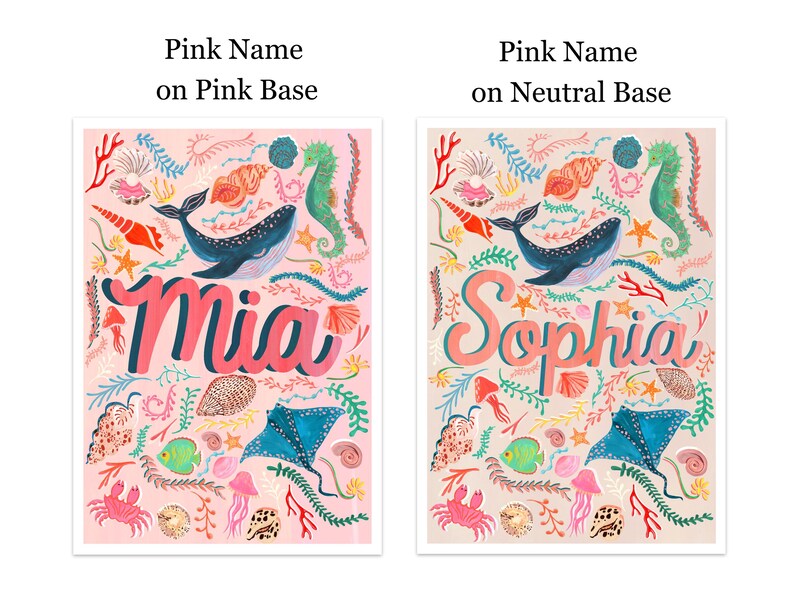 May include: Two rectangular art prints featuring an underwater theme with a whale, stingray, crab, jellyfish, and various seashells. The left print has a pink background with the name Mia, and the right print has a neutral background with the name Sophia.