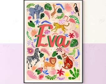 Personalized Safari Animal Name Print: Colorful Nursery Art
