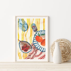 Fruit Still Life Art, Stripe Kitchen Art, Picnic Still Life Print
