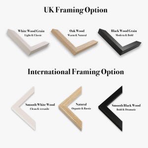May include: A display of six L-shaped frame corner samples arranged in two rows. The top row labeled UK Framing Option includes white wood grain, oak wood, and black wood grain. The bottom row labeled International Framing Option shows smooth white wood, natural wood, and smooth black wood.