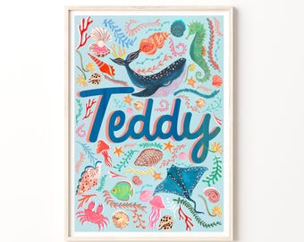 Nursery Name Print, Ocean Nursery Art, Framed Under the Sea Decor