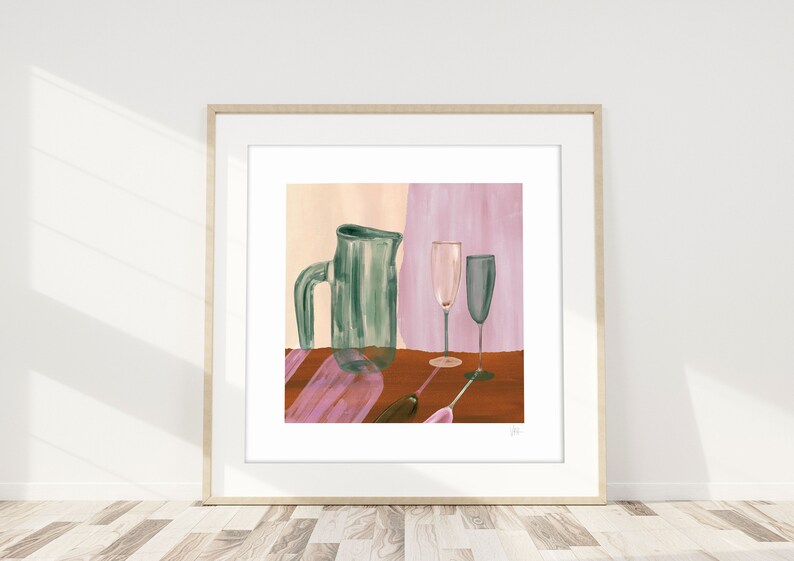 Kitchen Still Life Wall Art Dark Green Lavender and Rust Still Life Watercolour Wine Glasses Still Life Watercolour Giclee Art Print