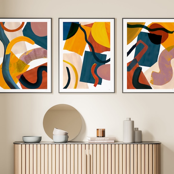 Blue Yellow Abstract Print Set, Retro Abstract Prints, Abstract shapes Set of Three Prints