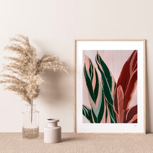 Leaf Wall Art, Pink Green leaf Print, Leaf Illustration