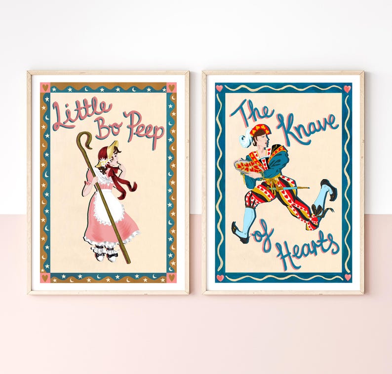 May include: Two framed art prints. One features Little Bo Peep in a pink dress with a staff, the other shows The Knave of Hearts running. Both have decorative borders with text.