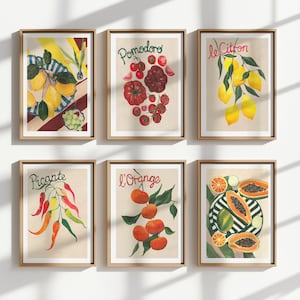 Lot de 6 oeuvres d&#39;art mural fruits rustiques - impressions de cuisine vintage - décoration de ferme - illustrations de fruits avec ou sans cadre