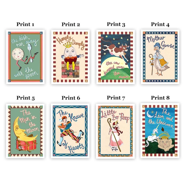May include: A collection of eight framed prints featuring classic nursery rhyme illustrations. Each print has a unique design, including characters like Humpty Dumpty, Mother Goose, and Little Bo-Peep, with text from the rhymes. The prints have decorative borders.