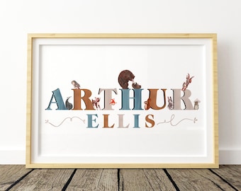 Personalized Woodland Animal Name Print | Woodland Nursery Wall Art | Custom Baby Name Sign