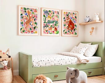 Personalized Safari Nursery Print Set | Jungle Animal Wall Art | Custom Baby Name Gift