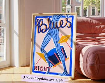 Blues Night Poster | Retro Jazz Music Art Print, Vintage Style Wall Decor