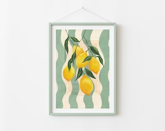 lemons Fruit Print, Cottage core, Stripe Print