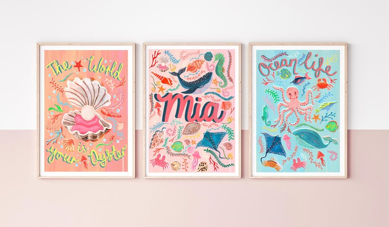 Pink Name Print, Ocean Nursery Art, Framed Under the Sea Decor image 13